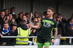 Gavan Holohan of Hartlepool United celebrates scoring their first goal during the Vanarama National League match between Sutton United  and Hartlepool United at the Knights Community Stadium, Gander Green Lane,, Sutton on Saturday 14th March 2020. (Credit: Paul Paxford | MI News) SUTTON, ENGLAND - MARCH 14TH