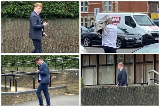 Clockwise from top left: Allan Doxford, Paul Johnson, Oliver Mole and Thomas Hay leaving Teesside Magistrates Court.
