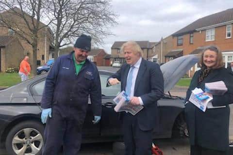John Quinn chats with Boris Johnson and Conservative by-election candidate Jill Mortimer in Mildenhall Close, Hartlepool.