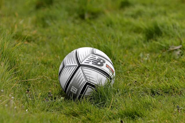 A general view of a match ball   during the Vanarama National League match between Hartlepool United and Maidenhead United at Victoria Park, Hartlepool on Saturday 8th May 2021. (Credit: Mark Fletcher | MI News)