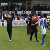Hartlepool United manager Dave Challinor  during the Sky Bet League 2 match between Hartlepool United and Northampton Town at Victoria Park, Hartlepool on Saturday 9th October 2021. (Credit: Mark Fletcher | MI News)