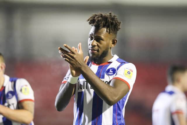 Rollin Menayese scored his first Hartlepool United goal in Crawley Town success. (Credit: Tom West | MI News)