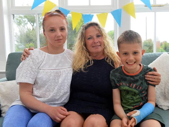 Hesleden resident Dawn Young (middle) with Ukrainian refugee Svitlana and her son Illia.