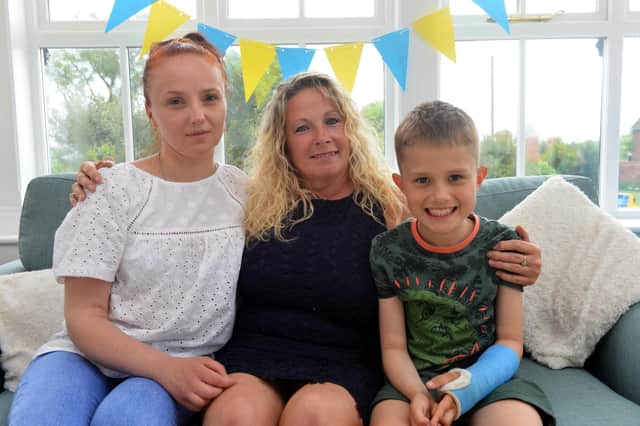 Hesleden resident Dawn Young (middle) with Ukrainian refugee Svitlana and her son Illia.