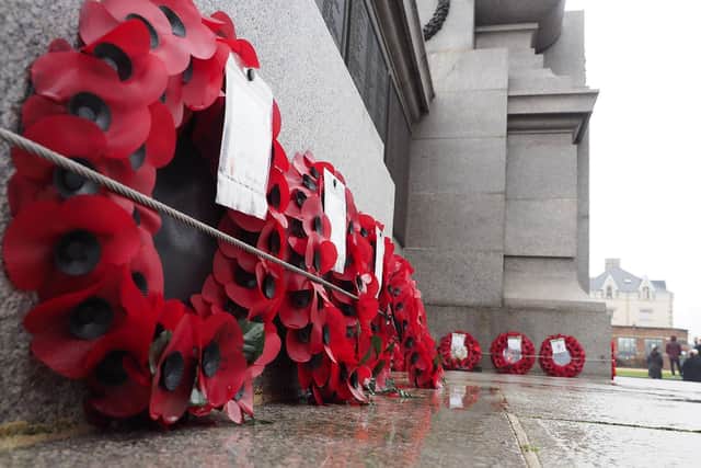 Poppy wreaths at Hartlepool war memorial in Victory Square. Picture by FRANK REID