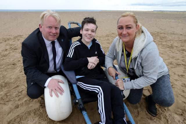 High Tunstall College of Science pupil Alfie Smith with headteacher Mark Tilling Headteacher and Alfie's support worker Dawn Bearby.