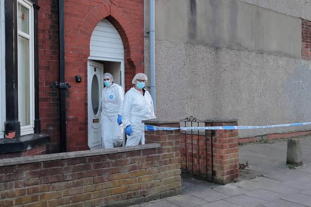 Police at the hostel in Wharton Terrace, Hartlepool, following the attack on Javed Nouri.
