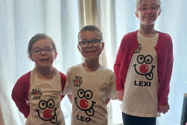 Some great Red Nose Day t-shirts! Holly, age 6, Leo, age 7, and Lexi, age 10.