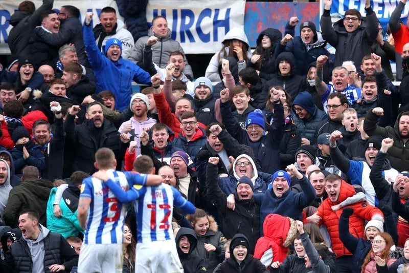 Hartlepool United fans celebrate their second goal scored by Joe Grey during the Emirates FA Cup Third Round match between Hartlepool United and Blackpool at Suit Direct Stadium on January 08, 2022.