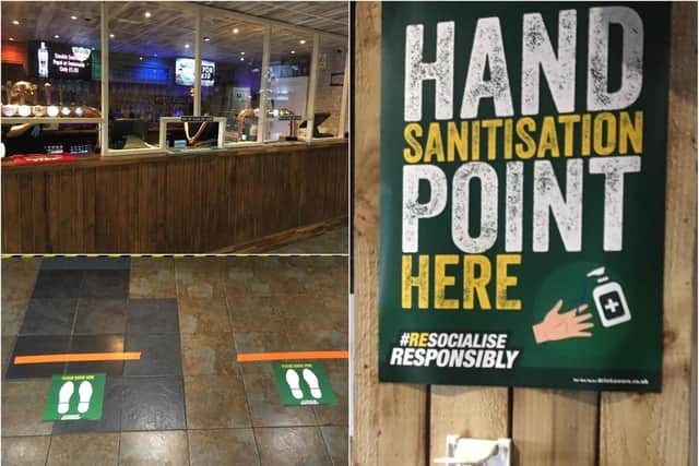 Bar screens, floor markings and hand sanitiser stations inside Rosie's bar on Hartlepool marina.