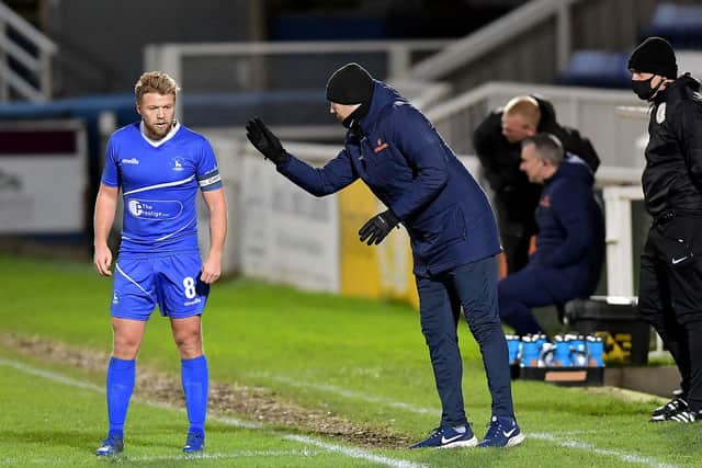 Hartlepool United manager Dave Challinor gives instructions to Nicky Featherstone during 3-1 win over Halifax Town. Picture by Frank Reid.