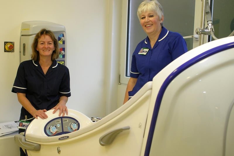Cavendish hospital's reopening of Spencer ward in 2006, nurses Ann Regan and Kay Hodgson with one of the high tech baths installed in the new bathrooms