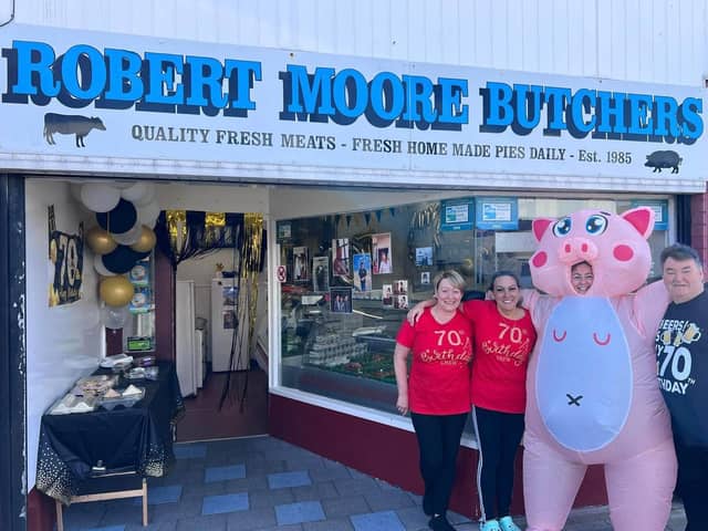 Robert Moore (right) of Robert Moore's Butchers, celebrates his 70th birthday in style surrounded by friends, family, customers and even an inflatable pig. Robert first opened his shop, in King Oswy Drive, Hartlepool, in 1985 - serving almost four decades.