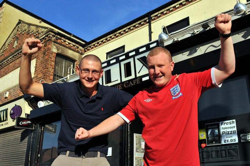 England supporters Wayne Pringle, left, and Jonathan Marshall outside of Flix, in Church Square, Hartlepool, before a Euro 2012 tie.