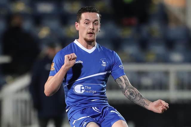 David Parkhouse of Hartlepool United in action during the Vanarama National League match between Hartlepool United and Torquay United at Victoria Park, Hartlepool on Saturday 31st October 2020. (Credit: Mark Fletcher | MI News)