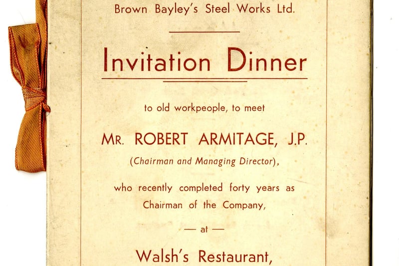 Brown Bayley's Steel Works Ltd : Invitation Dinner to meet Robert Armitage, chairman and managing director, at Walsh's store, 1936. Ref no Y12450