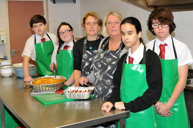Pupils Kieran Donley, Jayde Jarvis, Rosa Gonzalez and Declan Murphy were ready to serve up lunch with teachers Debbie Moller (centre left) and Karen Bainton at the St Cuthbert's Day Centre in 2012.