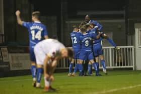 Luke Armstrong of Hartlepool United celebrates after scoring his and their second goal  during the Vanarama National League match between Hartlepool United and Kings Lynn Town at Victoria Park, Hartlepool on Tuesday 8th December 2020. (Credit: Mark Fletcher | MI News)