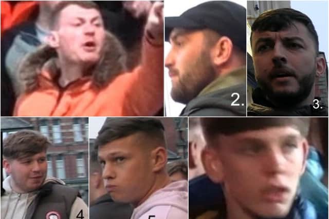 Both rows, from left to right, the six people police wish to trace following trouble at Hartlepool United's League Two match with Bradford City earlier this year.