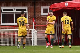 Tom Crawford of Hartlepool celebrates with team mates during the FA Cup Fourth Qualifying Round match between Ilkeston Town and Hartlepool United at the New Manor Ground, Ilkeston on Saturday 24th October 2020. (Credit: James Holyoak | MI News)