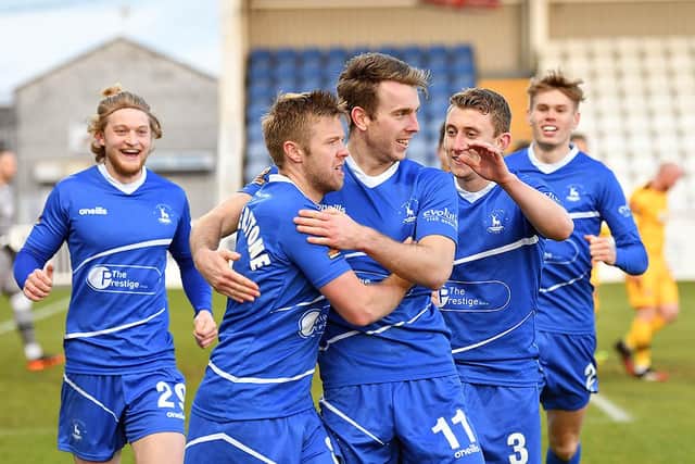 The Hartlepool United players celebrate Rhys Oates' winner. Picture by FRANK REID