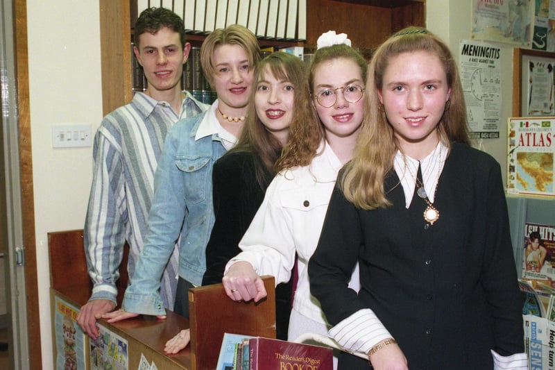 Five pupils who never missed a day while at Thornhill School, were given special awards in 1994. John Pallist, Gillian Evans, Jodie Appleby, Julie Lovell and Lindsey Hodgson are pictured.