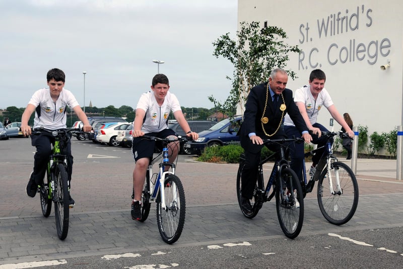 The Mayor Coun Ernest Gibson joined St Wilfrids RC College pupils, David Bull, Liam Curry and Aidan Frier, before their cycle ride to Paris. Who can remember this and who can tell us more about this 2013 photo?