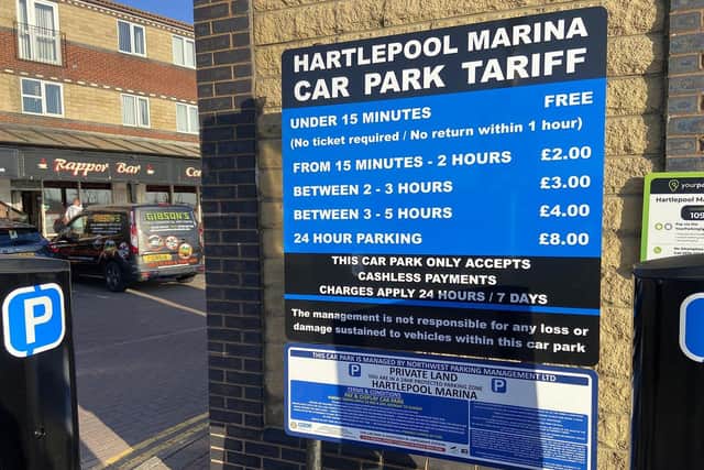 Car Parking charge signs at Hartlepool Marina. Picture by FRANk REID