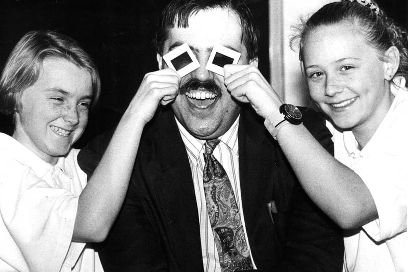 Assistant, Andrew Flemming, with Brierton pupils Melissa Edwards and Lyndsey Twidale, in November 1992.