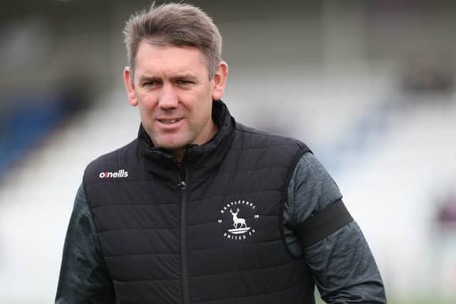 Hartlepool United manager Dave Challinor  during the Sky Bet League 2 match between Hartlepool United and Harrogate Town at Victoria Park, Hartlepool on Sunday 24th October 2021. (Credit: Mark Fletcher | MI News)