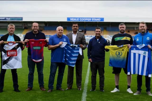 Hartlepool United chairman Raj Singh along with representatives of Seaton Carew FC, St Francis FC, Pools Youth FC, Greatham FC and FC Hartlepool (photo: HUFC)