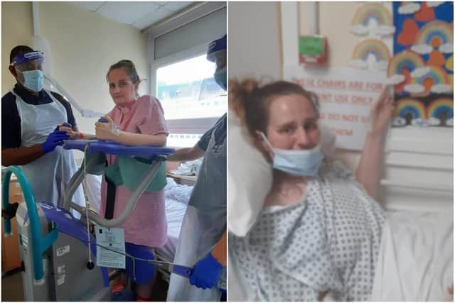 Left, Carrie-Anne Osborne learning to walk again in hospital after coming out of a coma. Right, Carrie-Anne putting her rainbow on the coronavirus survivors wall in hospital.