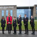 English Martyrs School and Sixth Form College headteacher Sara Crawshaw with pupils following Ofsted's latest visit to monitor their progress.