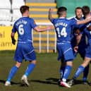 Rhys Oates of Hartlepool United celebrates with team mates after putting his side 1-0 up during the Vanarama National League match between Hartlepool United and Chesterfield at Victoria Park, Hartlepool on Saturday 1st May 2021. (Credit: Chris Booth | MI News)