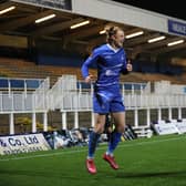 Hartlepool United's Luke Armstrong  celebrates after scoring their first goal.