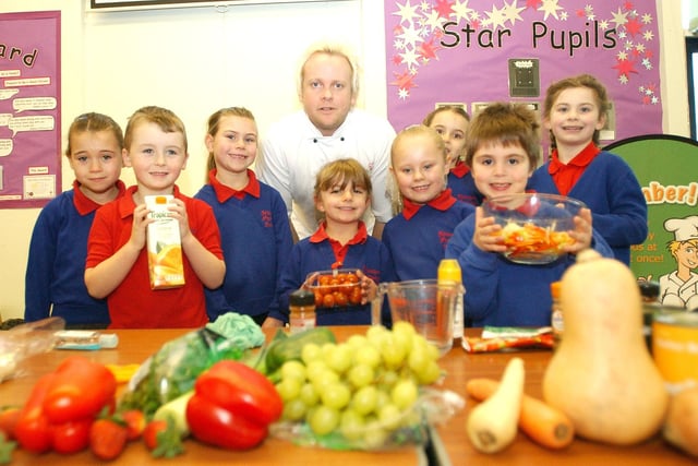 Pupils at Stranton Primary School launch their own healthy eating initiative alongside celebrity chef Mark Earnden from Expo Chef in 2008.