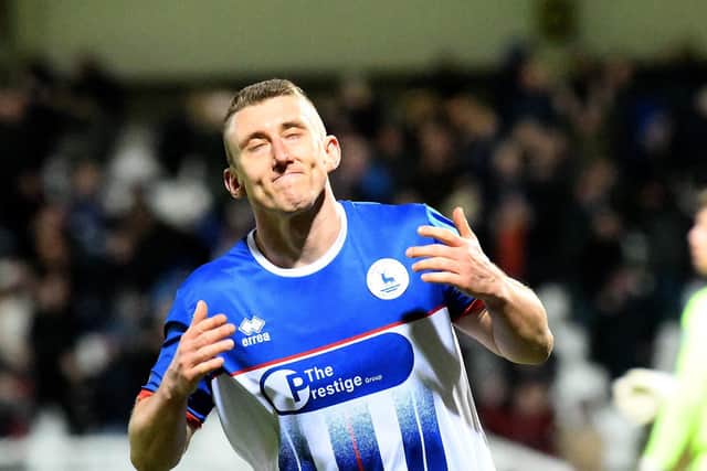 Hartlepool United left-back David Ferguson celebrates the decisive third goal in Tuesday's 3-2 win over Altrincham. Picture by FRANK REID.