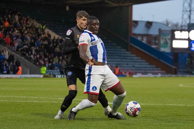 Josh Umerah remains an injury concern for Hartlepool United having missed the draw with Tranmere Rovers. (Credit: Mike Morese | MI News)
