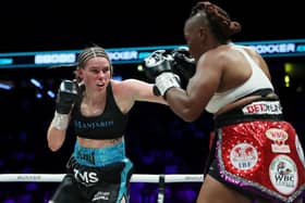 MANCHESTER, ENGLAND - JULY 01: Savannah Marshall punches Franchon Crews-Dezurn during the IBF, WBA, WBC, WBO World Super Middleweight Title fight between Savannah Marshall and Franchon Crews-Dezurnat AO Arena on July 01, 2023 in Manchester, England. (Photo by Charlotte Tattersall/Getty Images)