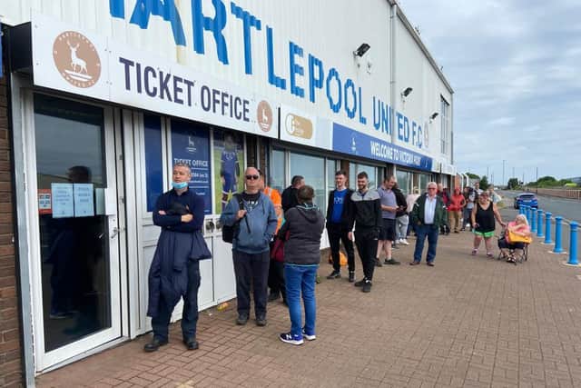 Hartlepool United supporters queue outside Victoria Park for a promotion final ticket (photo: Frank Reid).