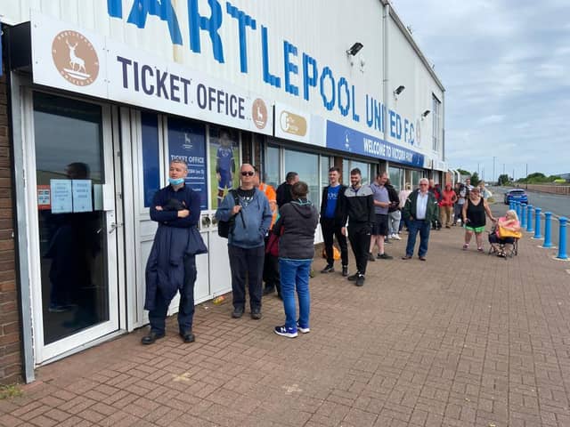 Hartlepool United supporters queue outside Victoria Park for a promotion final ticket (photo: Frank Reid).