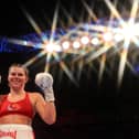 Savannah Marshall celebrates her victory during the super-middleweight clash against Daniele Bastieri.