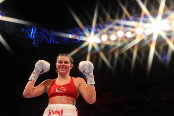 Savannah Marshall celebrates her victory during the super-middleweight clash against Daniele Bastieri.