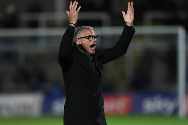 Keith Curle celebrates as Hartlepool United move into the third round of the FA Cup. (Credit: Mark Fletcher | MI News)