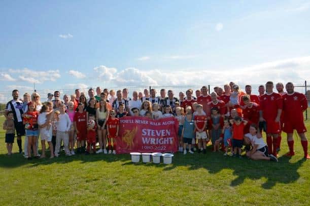 The teams and family and friends of Steven Wright at the inaugural memorial football match played at Seatn Carew Sports and Social Club.