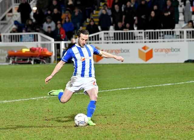Jamie Sterry scored the winning penalty as Hartlepool United advanced into the semi-finals of the Papa John's Trophy. Picture by FRANK REID