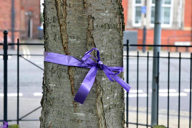 A Hartlepool WASPI support group purple ribbon near Morrisons supermarket.