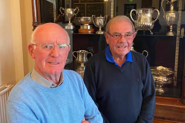 John Hall and Barry Parkes in the clubhouse at Seaton Carew Golf Club where they both scored holes in one within a week of each other.