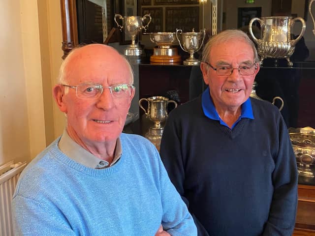 John Hall and Barry Parkes in the clubhouse at Seaton Carew Golf Club where they both scored holes in one within a week of each other.