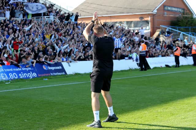 Hartlepool United manager Dave Challinor celebrates with the fans after the Sky Bet League 2 match between Hartlepool United and Carlisle United at Victoria Park, Hartlepool on Saturday 28th August 2021. (Credit: Mark Fletcher | MI News)